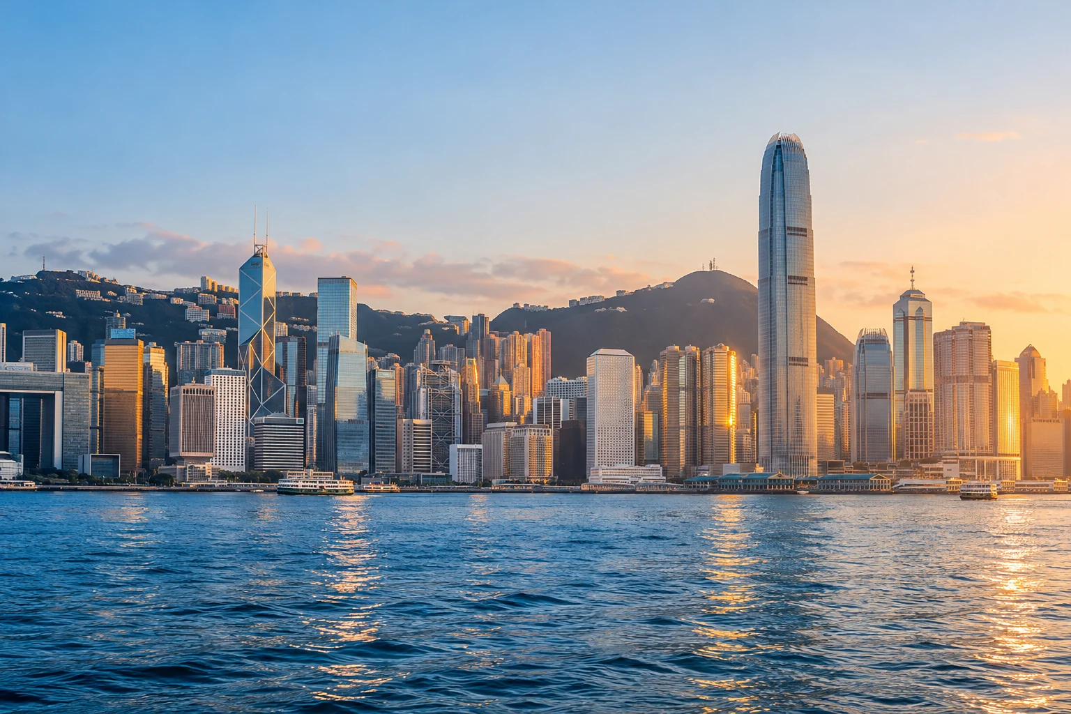 Illustrative Hong Kong harbour skyline at sunrise